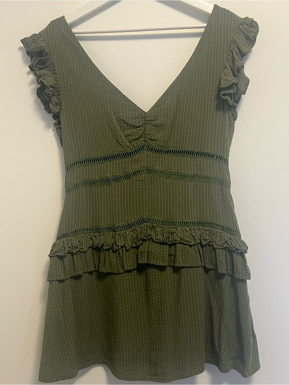 Amari Boutique Olive Green Pinstripe Ruffle Mini Dress Crochet Lace Trim V-Neck